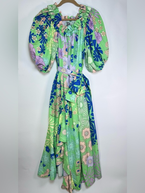 Anthropologie Dresses & Skirts - Anthropologie Oopscool Floral Puff Sleeve Off Shoulder Midi Dress Green